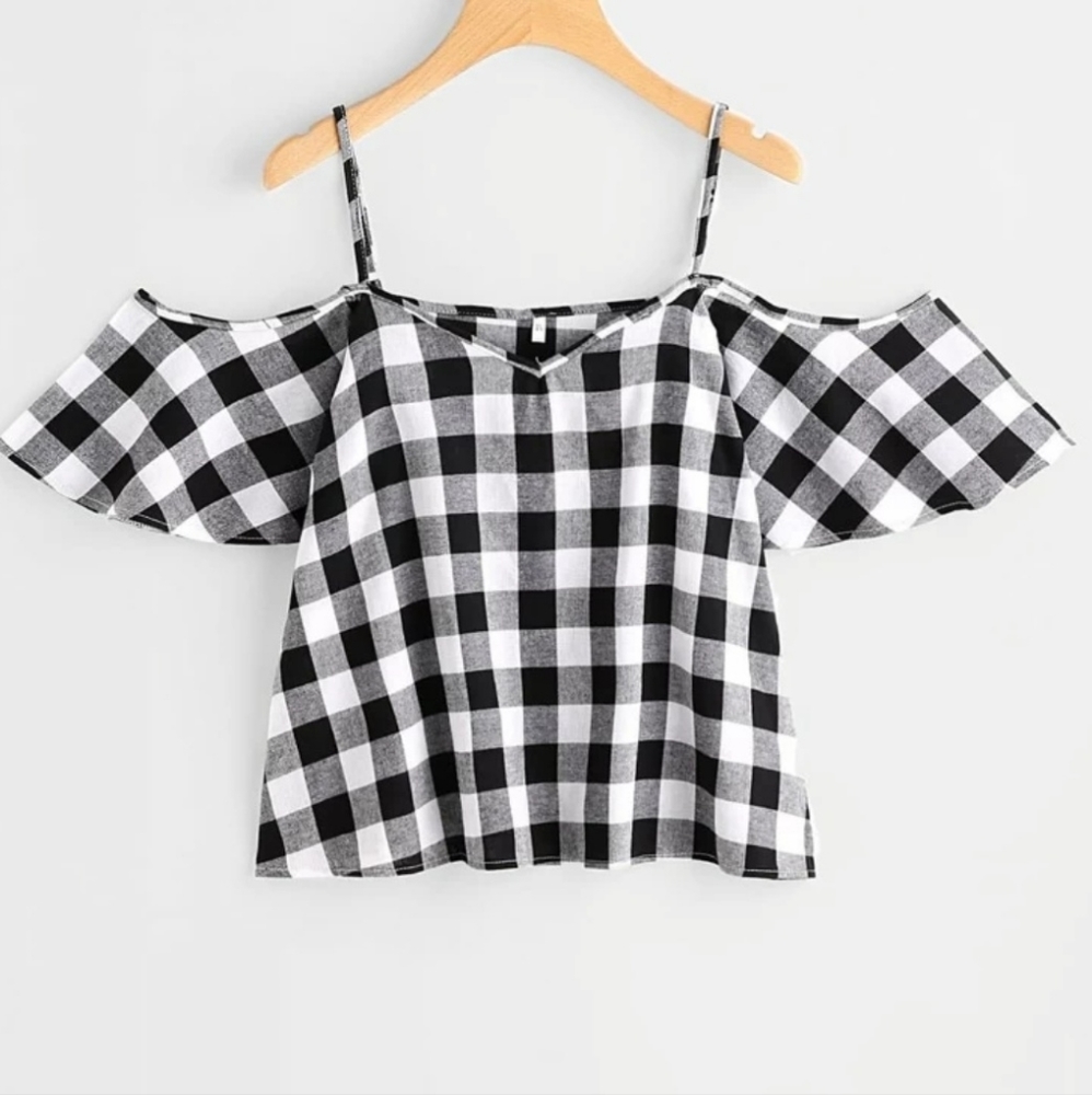 Monochromatic Gingham Cold Shoulder Top - M
